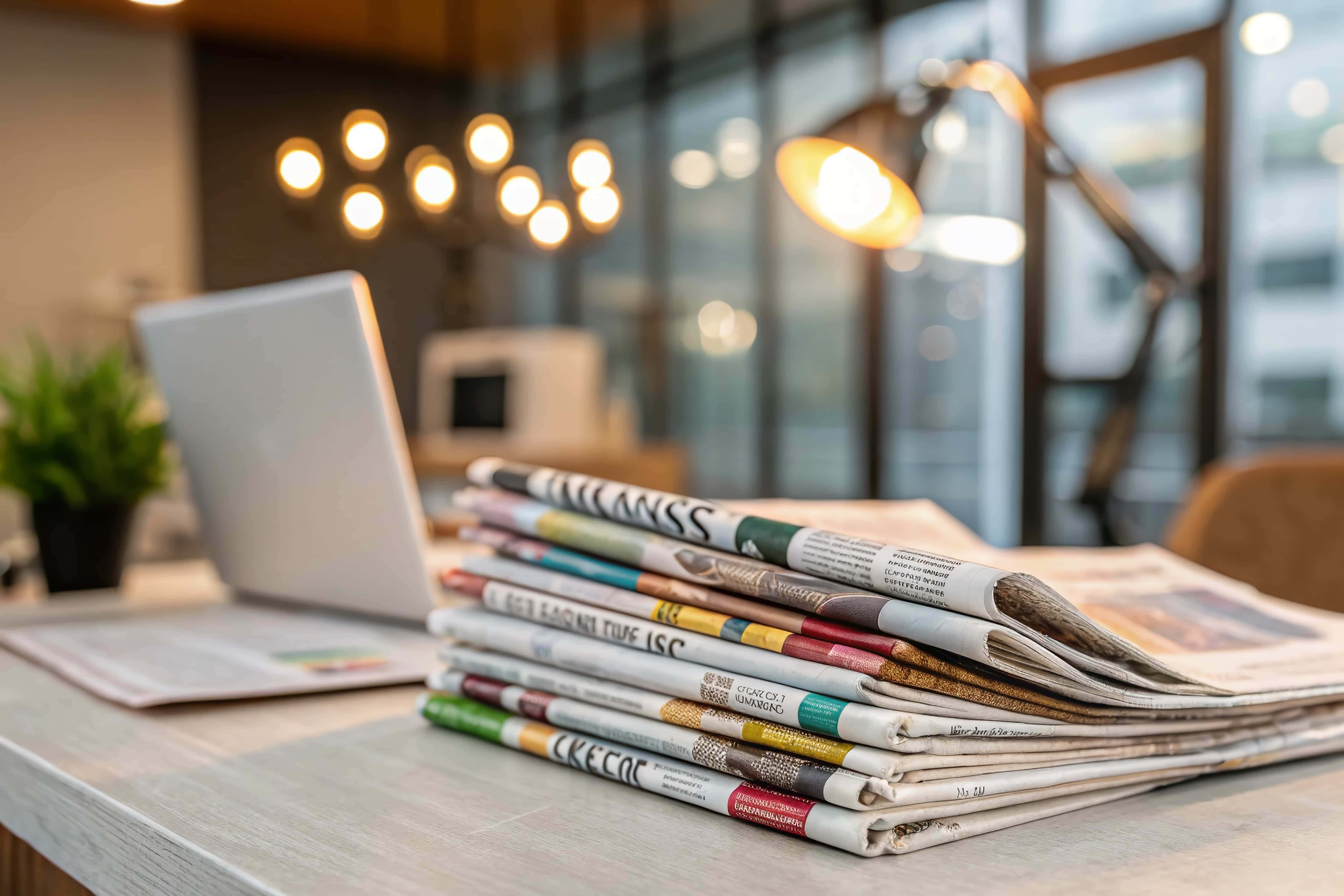 オフィスのデスクに積まれた新聞とノートパソコン、背景に照明と窓が見える洗練されたビジネス空間